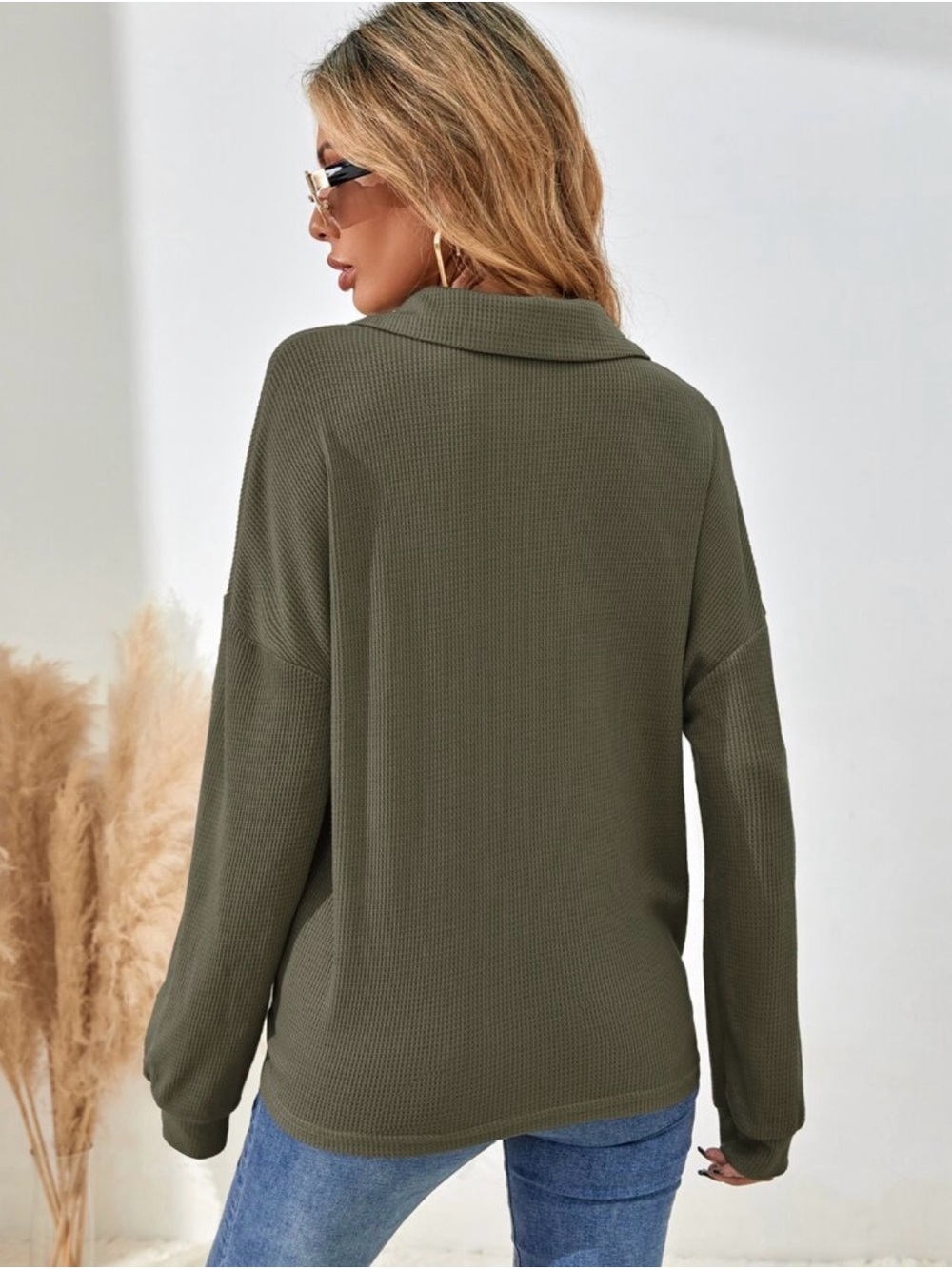 Olive Green Ribbed Button-Front Polo Top - Picture 3 of 3